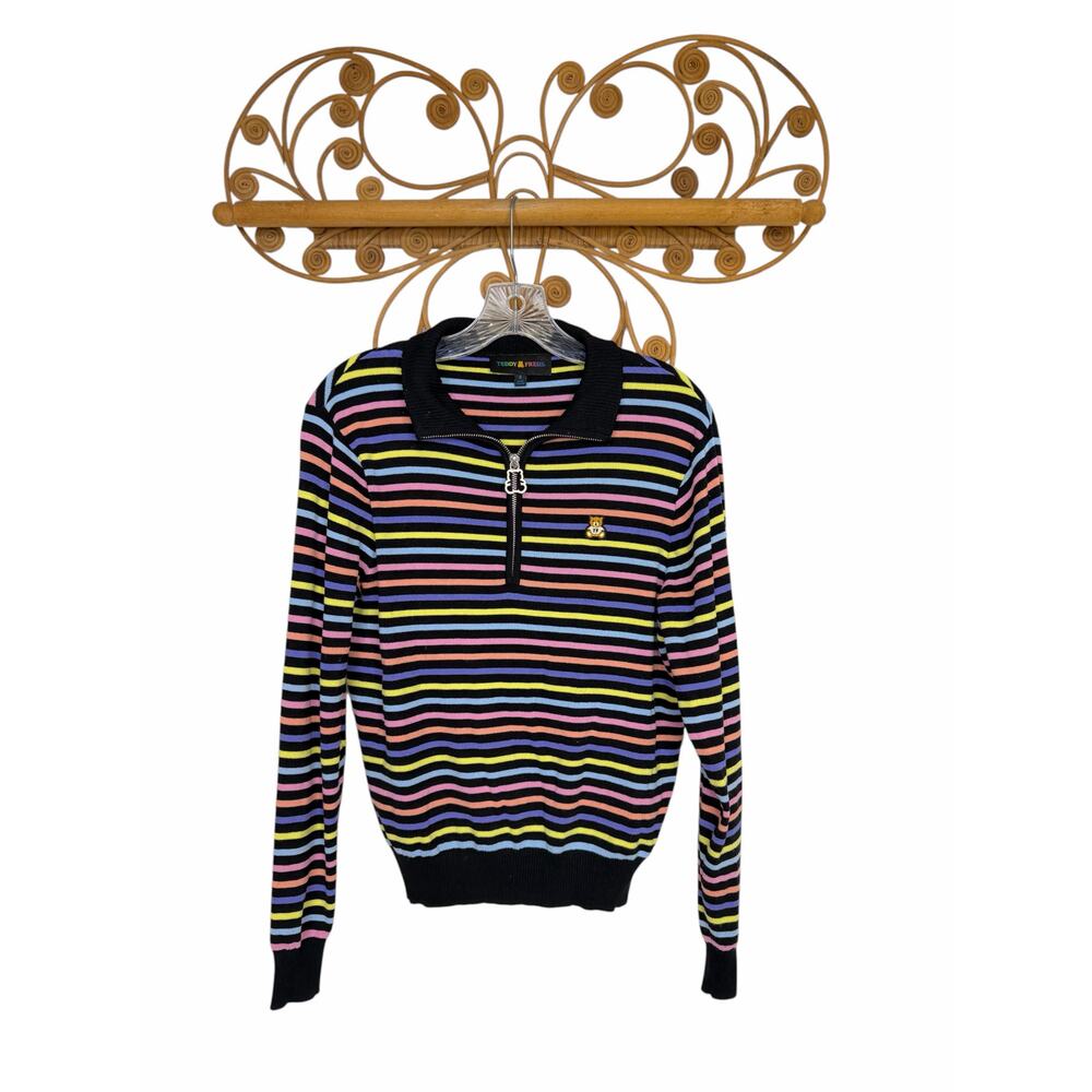 Teddy Fresh Striped Knit Half Zip Sweater Bear logo Small